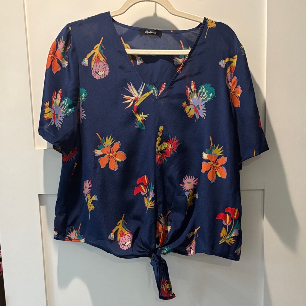 Madewell silk Navy Floral Tie-Front Blouse